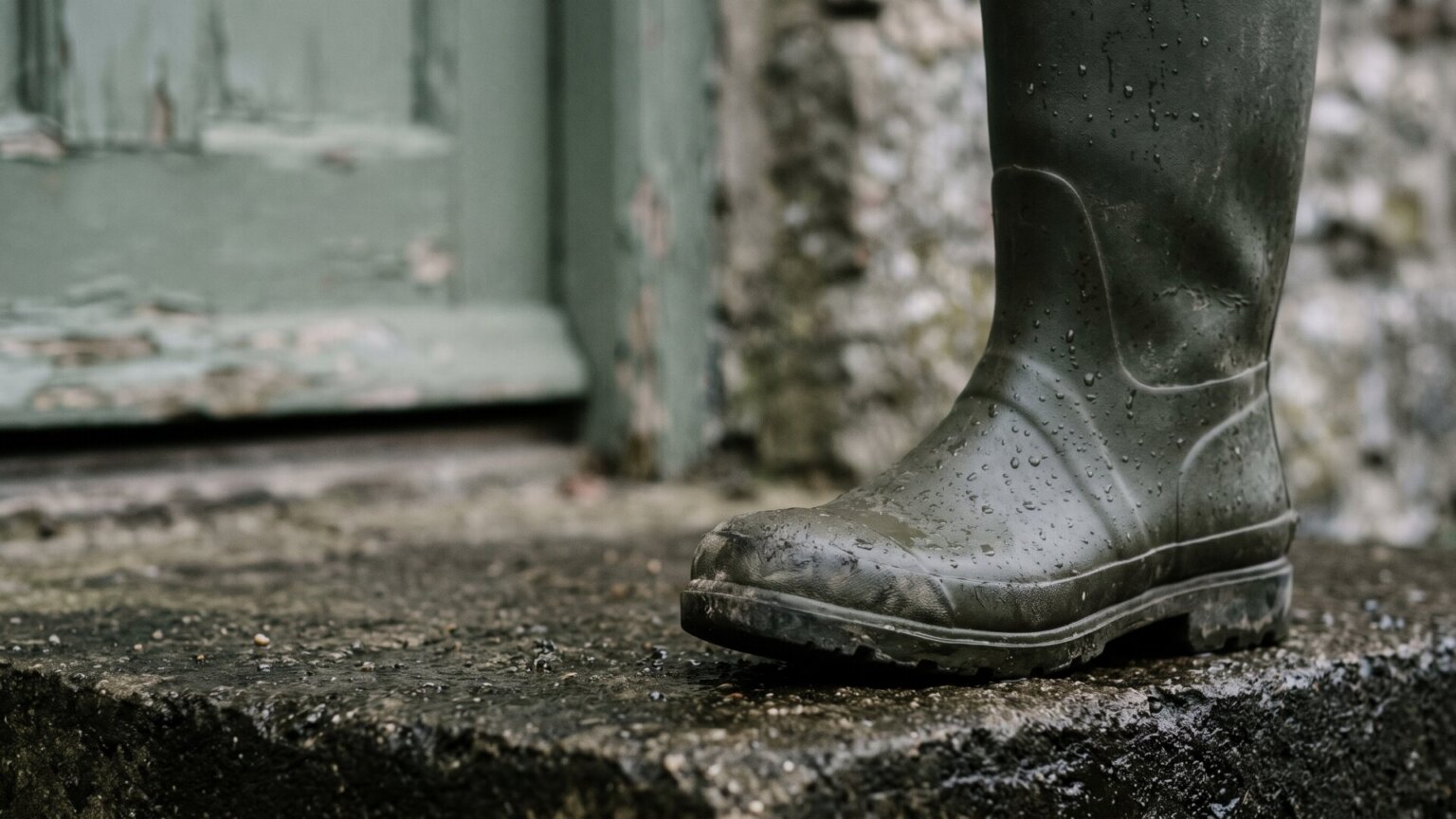 A single dark green rubber rain boot on a wet concrete step, shot tight and clean, standing in for the Wellington boot at the center of a fabricated product image.