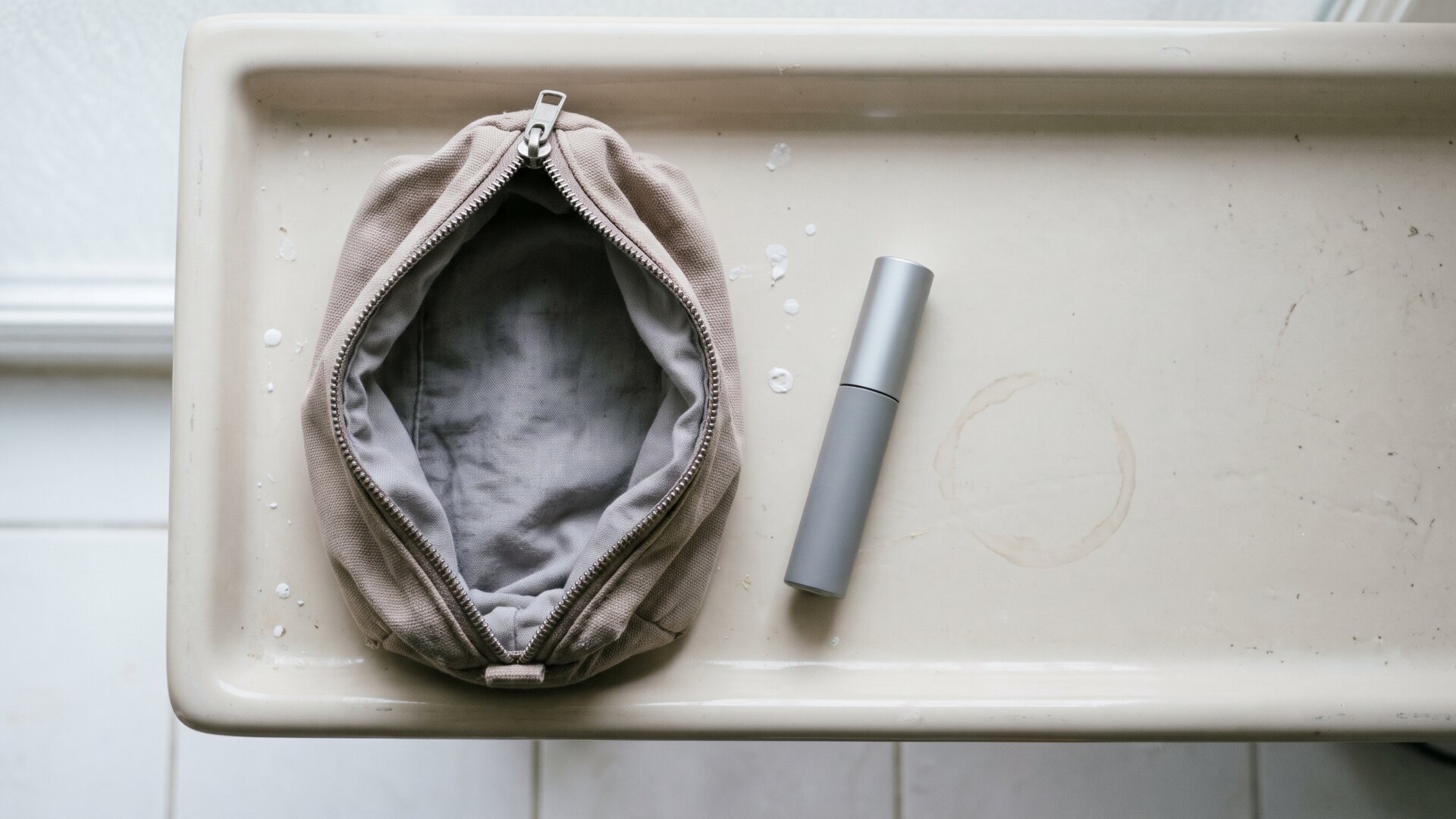 A small cosmetic case and lip product on a bathroom shelf, matching slide 2's point that an existing carrying accessory made the invented one believable.