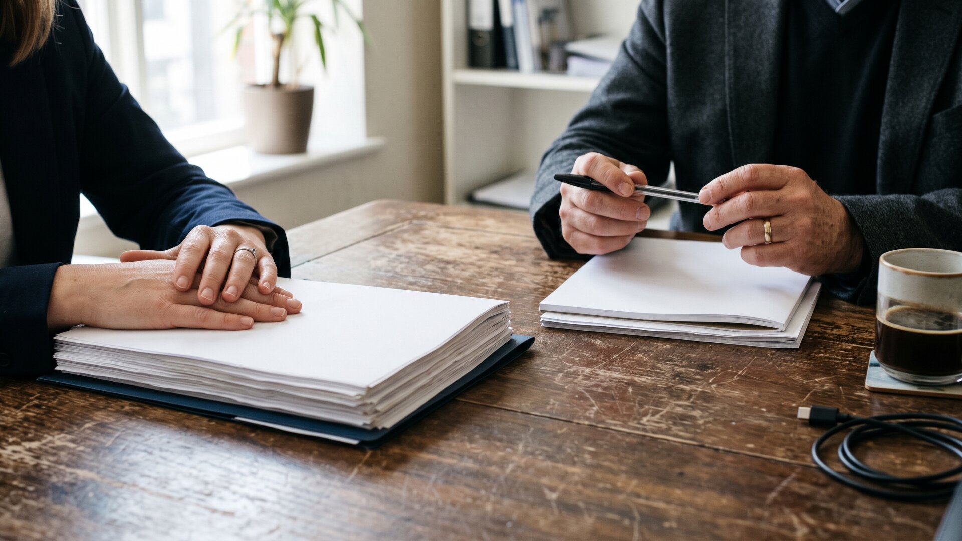 Two sets of hands across a meeting table with stacked contract pages, illustrating the licensing paperwork slide 3 describes.