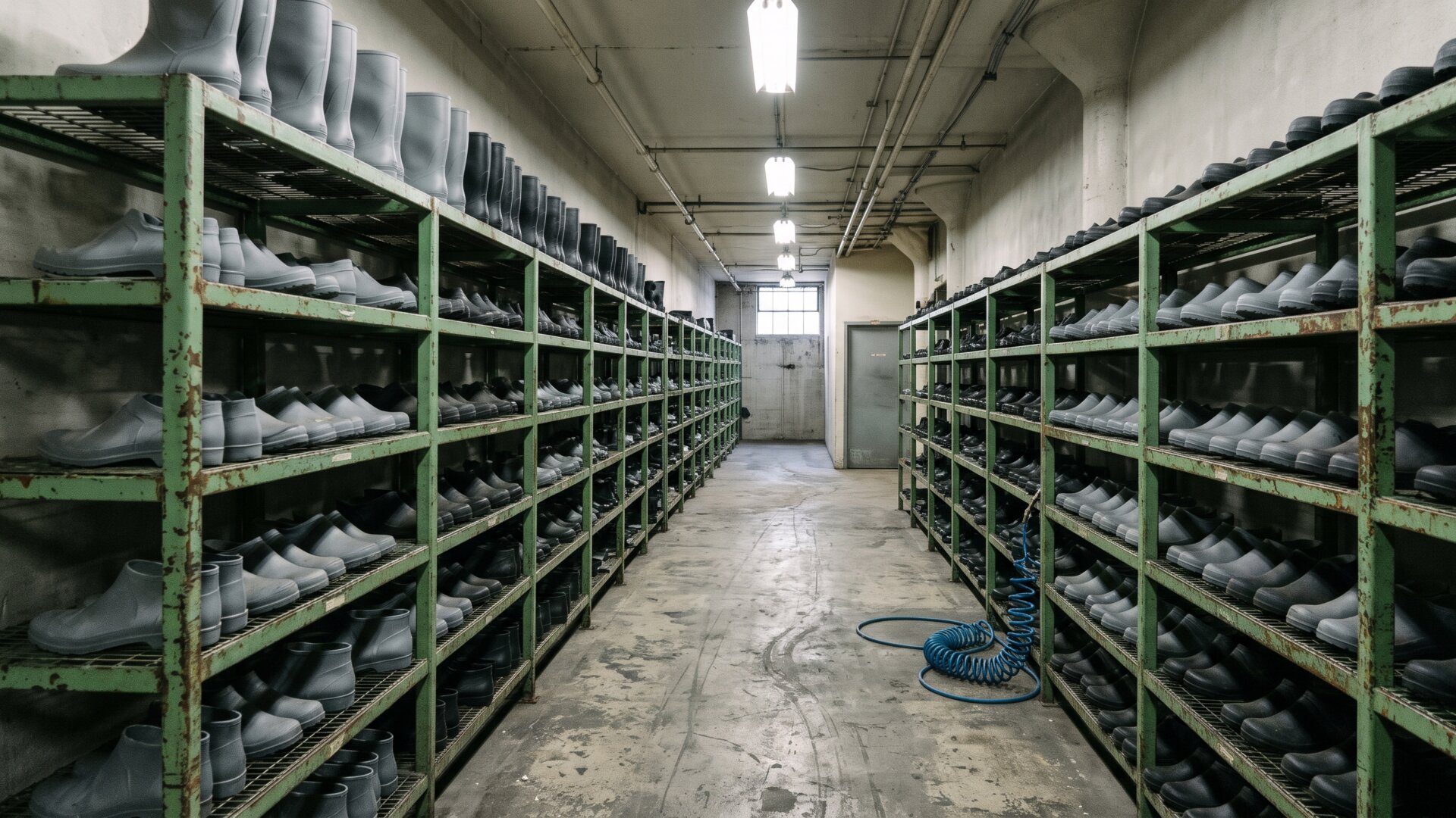 A long industrial corridor of sample shelving, representing the months-long manufacturing chain that slide 4 contrasts with instant image generation.