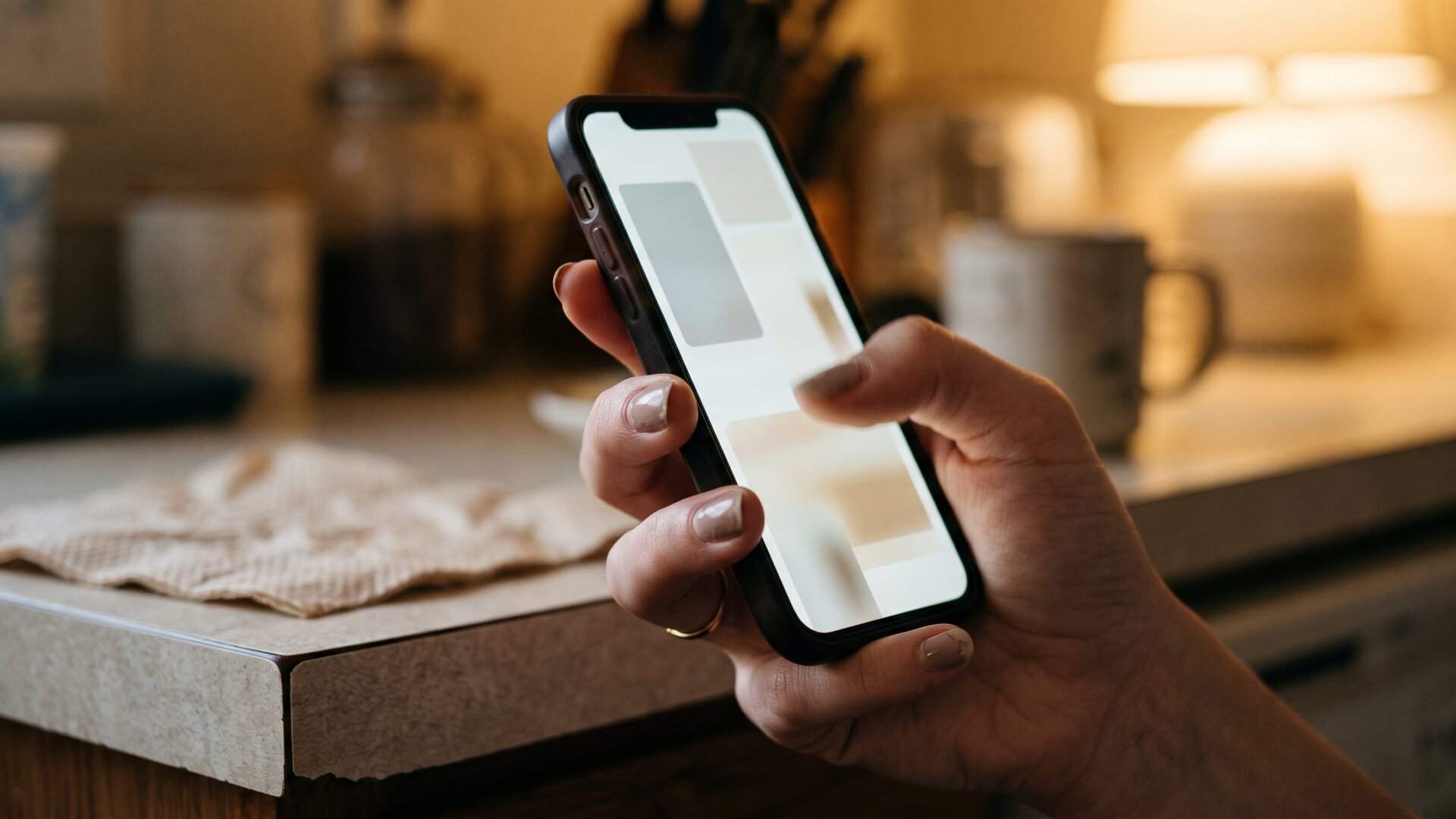 A phone held in one hand mid-scroll showing abstract non-textual shapes, standing for the repost trail in slide 5 that cannot be traced back.