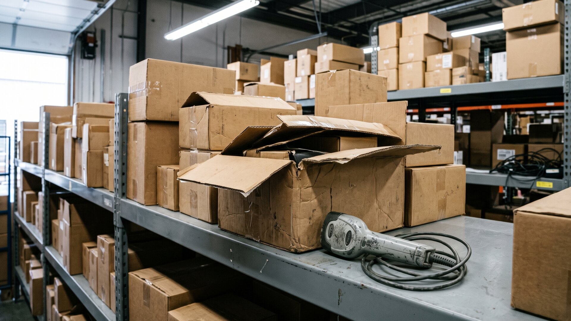 A retail stockroom shelf with unmarked boxes and a handheld scanner, matching slide 6's checks for a listing, a price, and a shipping date.