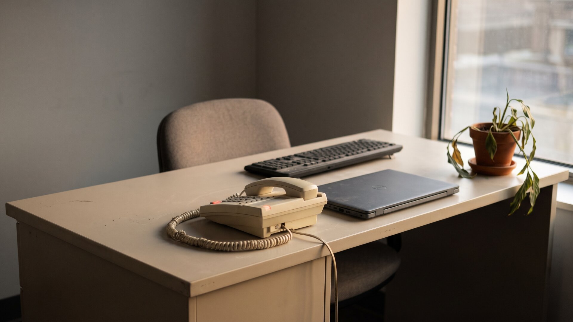 An empty office desk with a silent phone and unread message light, standing for the corporate silence slide 7 says is routinely misread as confirmation.
