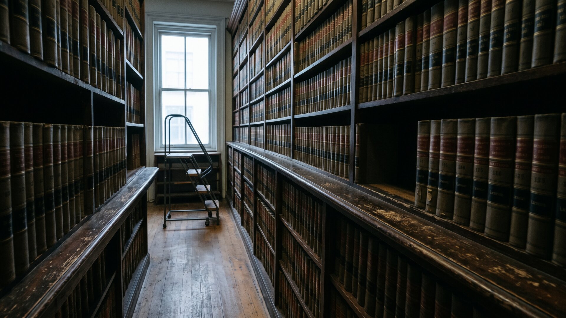 Law library shelving with bound volumes seen at an angle so no spine text reads, matching slide 9's distinction between legal theory and practical takedown.