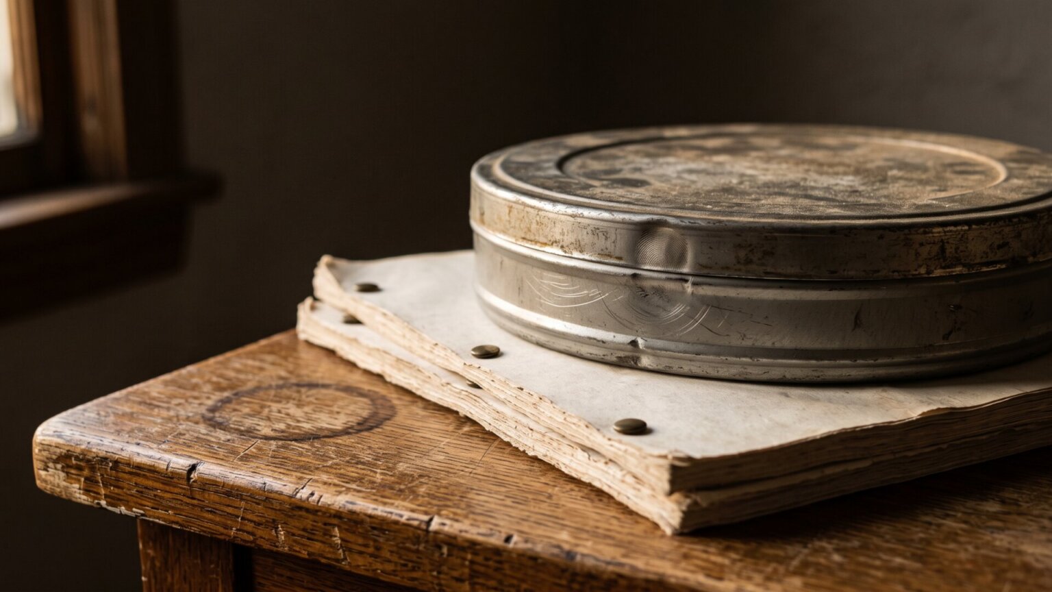 A film reel canister and a stack of unmarked scripts on a desk, standing for two studio libraries now held by one owner, without depicting either company.