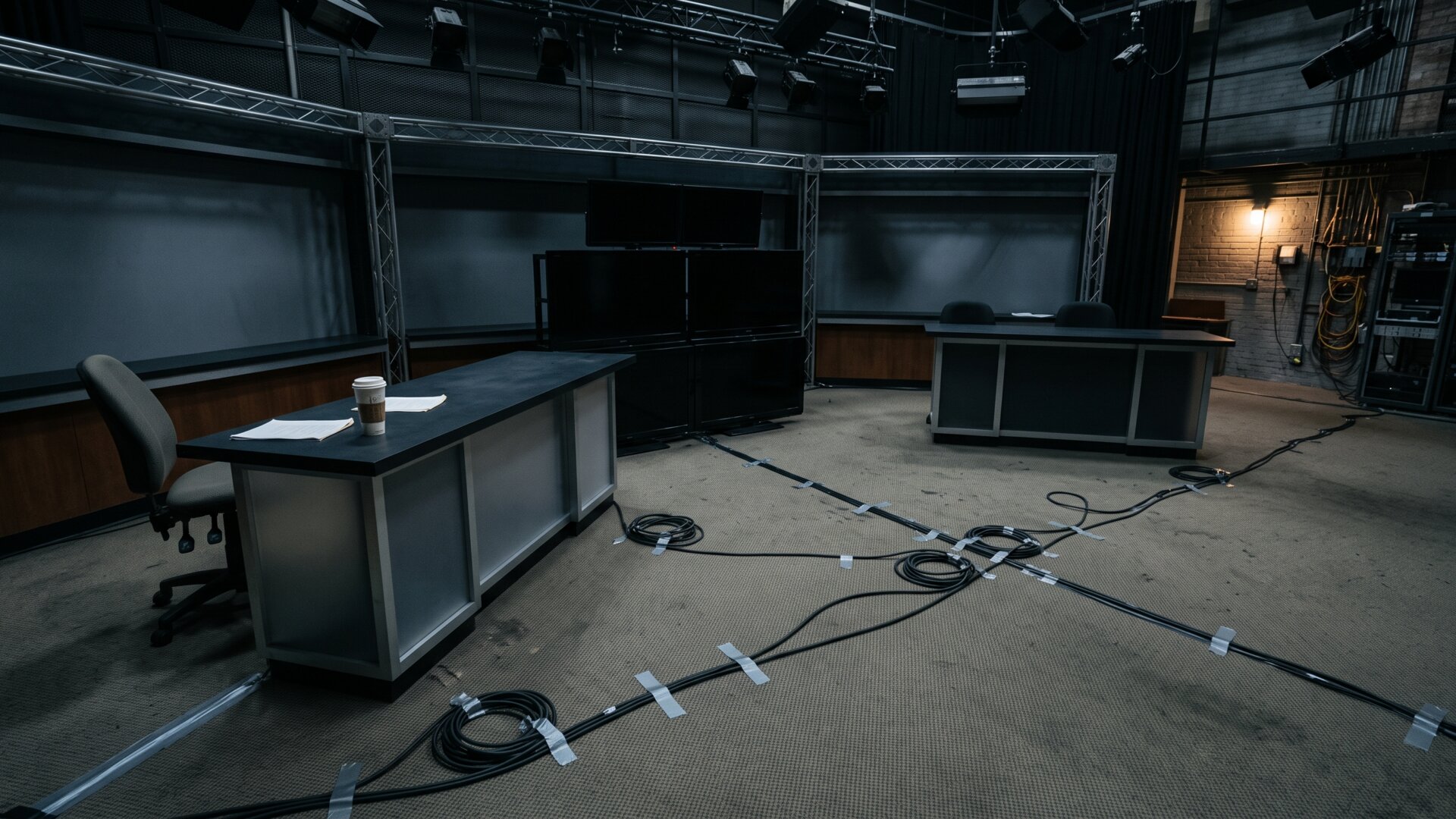 Two unoccupied news desks facing each other across a shared control area, matching the slide's point that two rival newsrooms now sit inside one company.