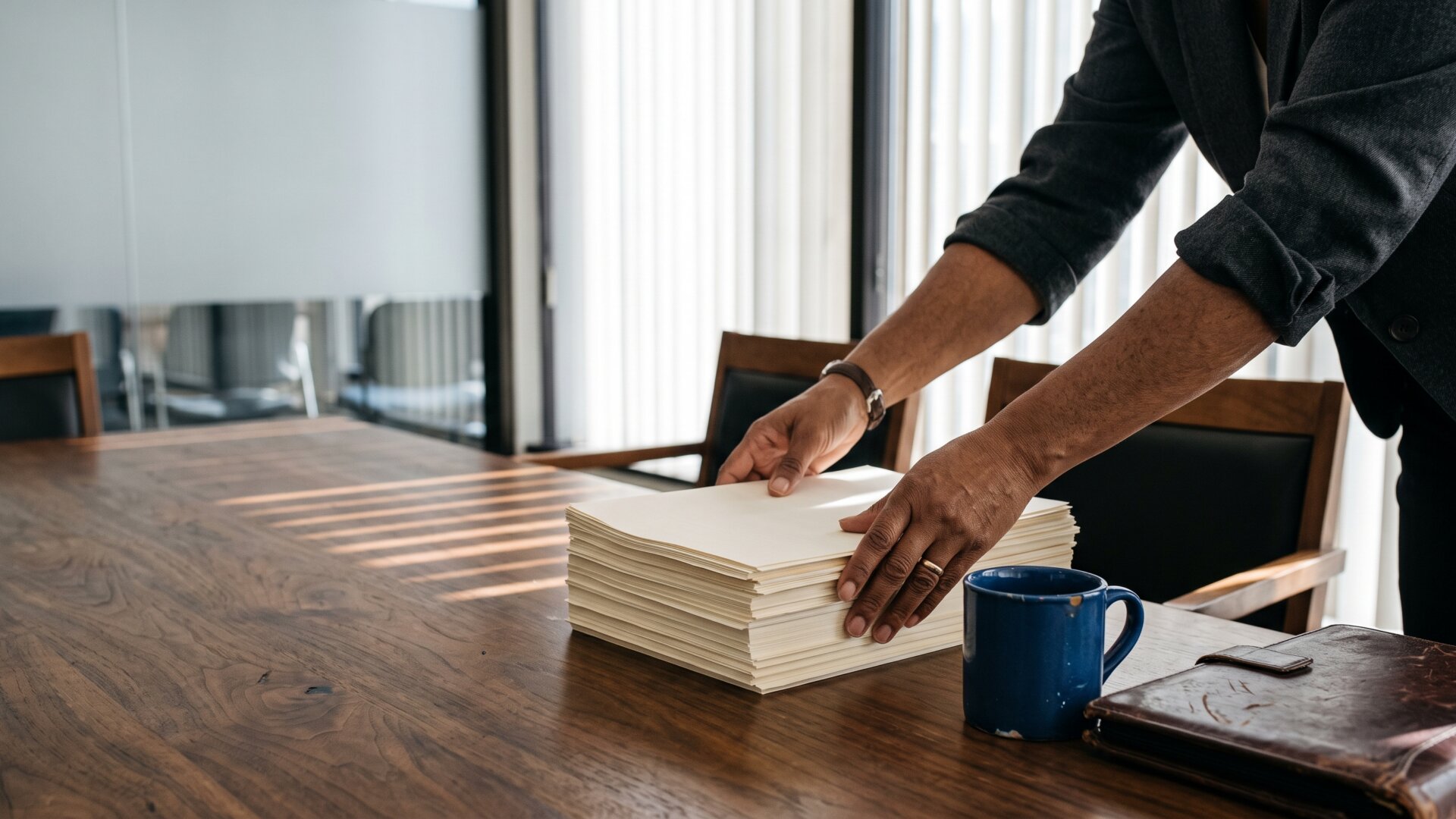 Hands squaring a thick stack of legal filings on a conference table, standing for the two lawsuits that were settled before the deal could close.