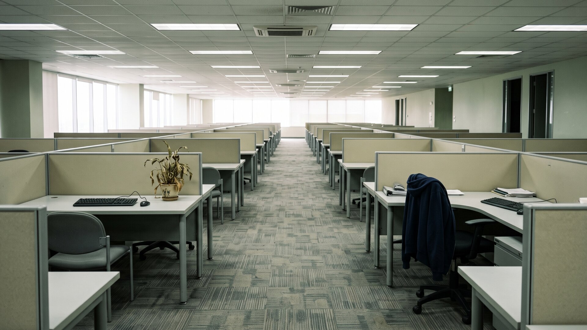 An emptying open-plan office floor with duplicated workstations, matching the slide's explanation of where $6 billion in merger savings typically comes from.