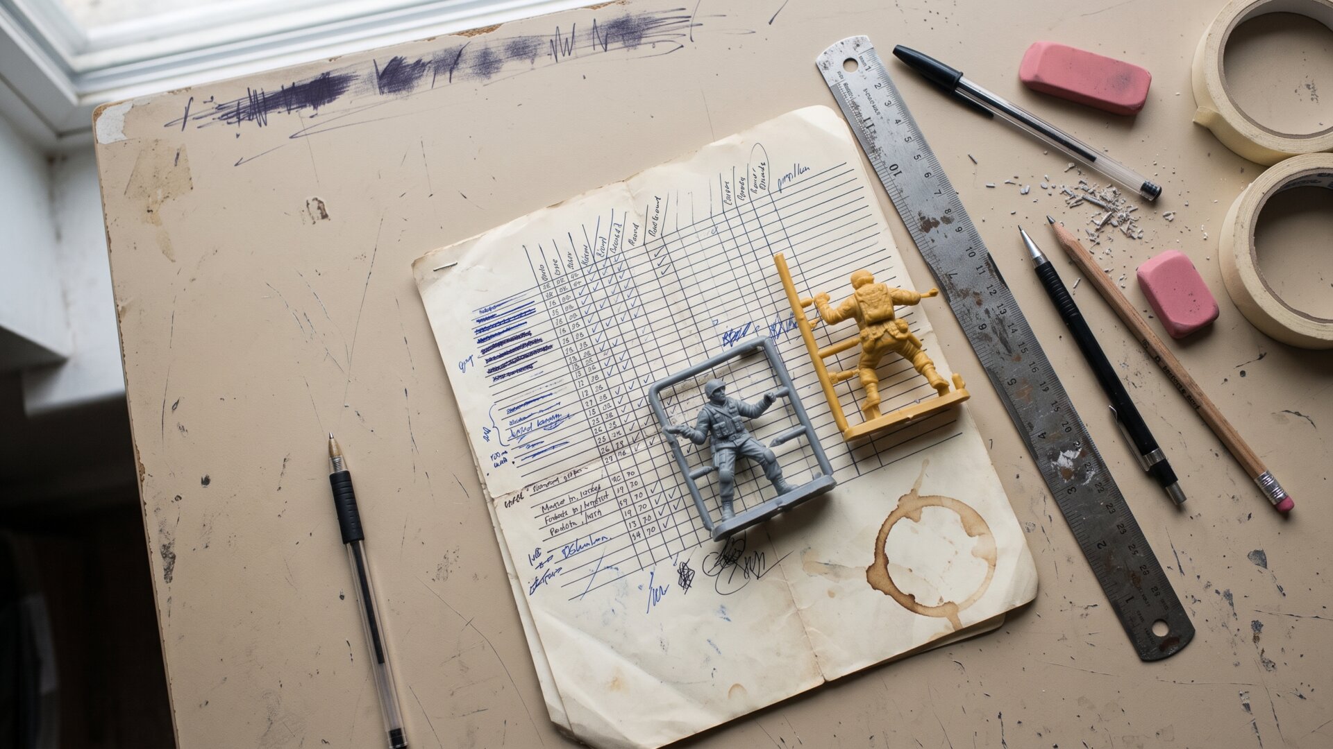 A desk where a production schedule and a molded plastic prototype sit side by side, reflecting the slide's point that the two co-CEOs come from film and from toys.