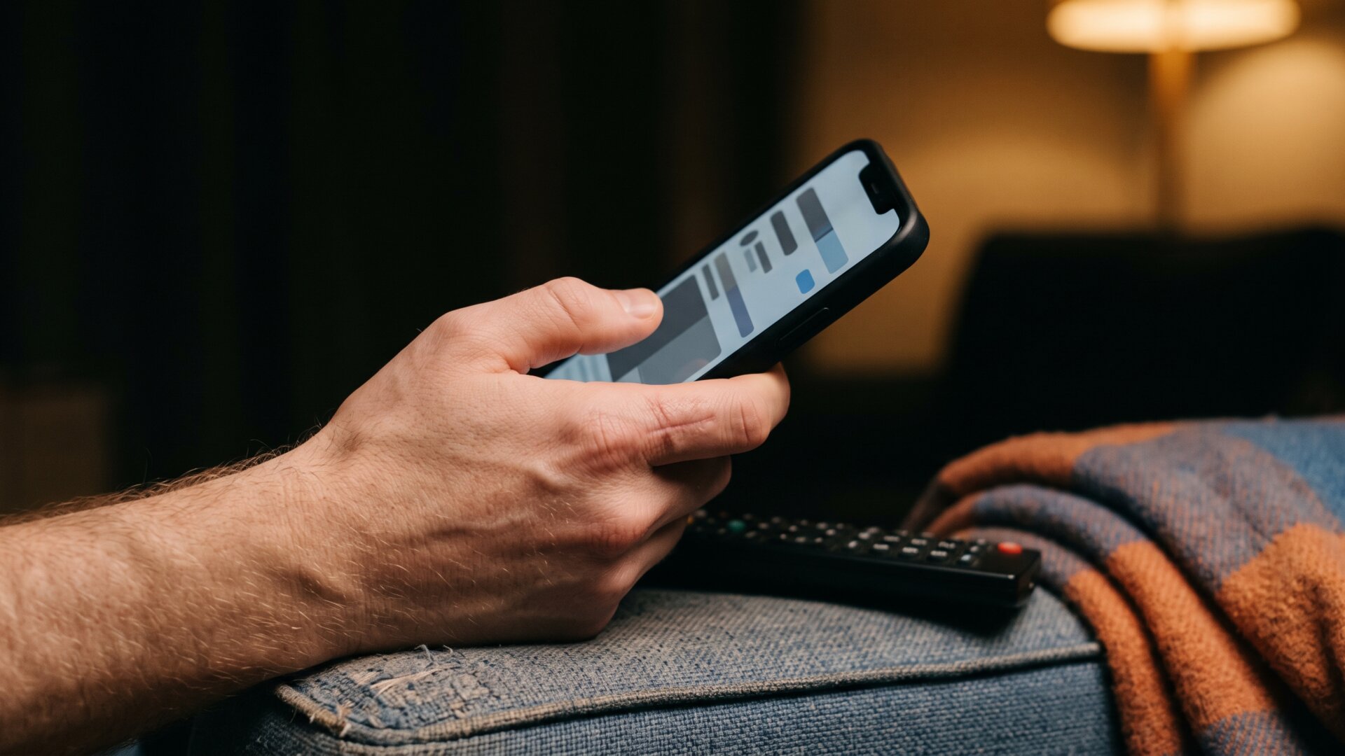 A hand scrolling a phone billing screen rendered as abstract blocks beside a remote on a sofa arm, matching the slide's instruction to check two subscriptions.
