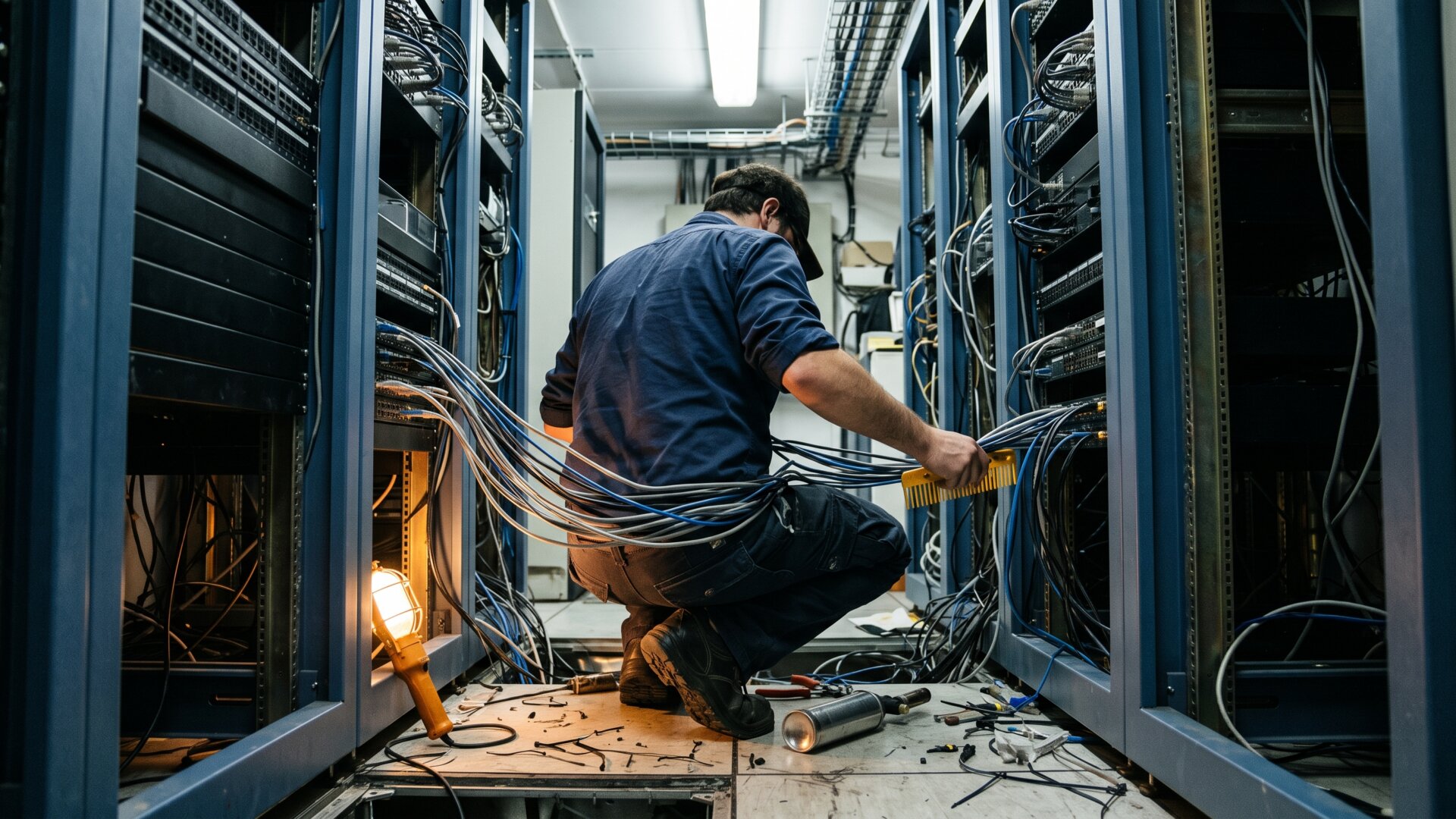 Two sets of server racks being cabled together in a technical room, standing for the integration work that begins rather than ends at closing.