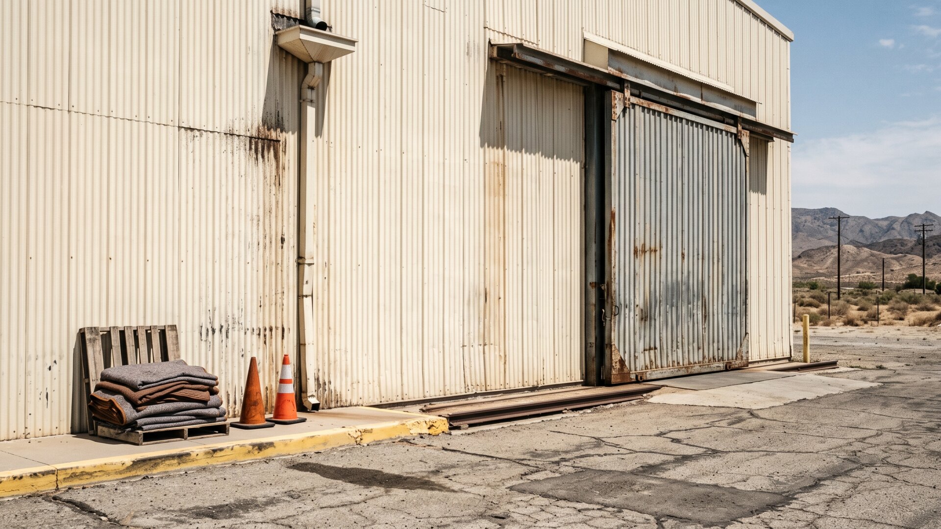 An empty sound stage exterior and loading door on a production lot, matching the slide's point that the settlement protects physical studio property.