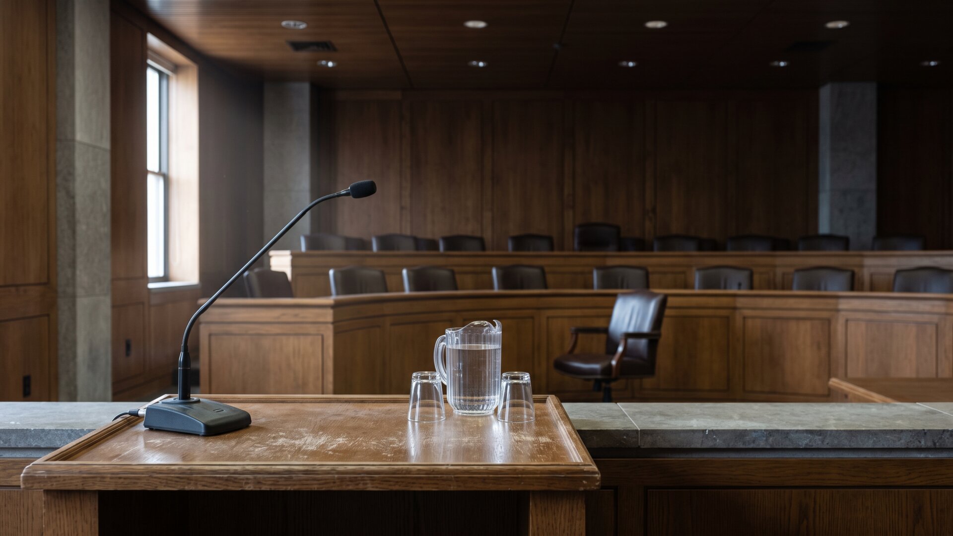 A state government hearing room with an empty witness table and microphone, standing for the attorneys general whose settlement set the deal's conditions.