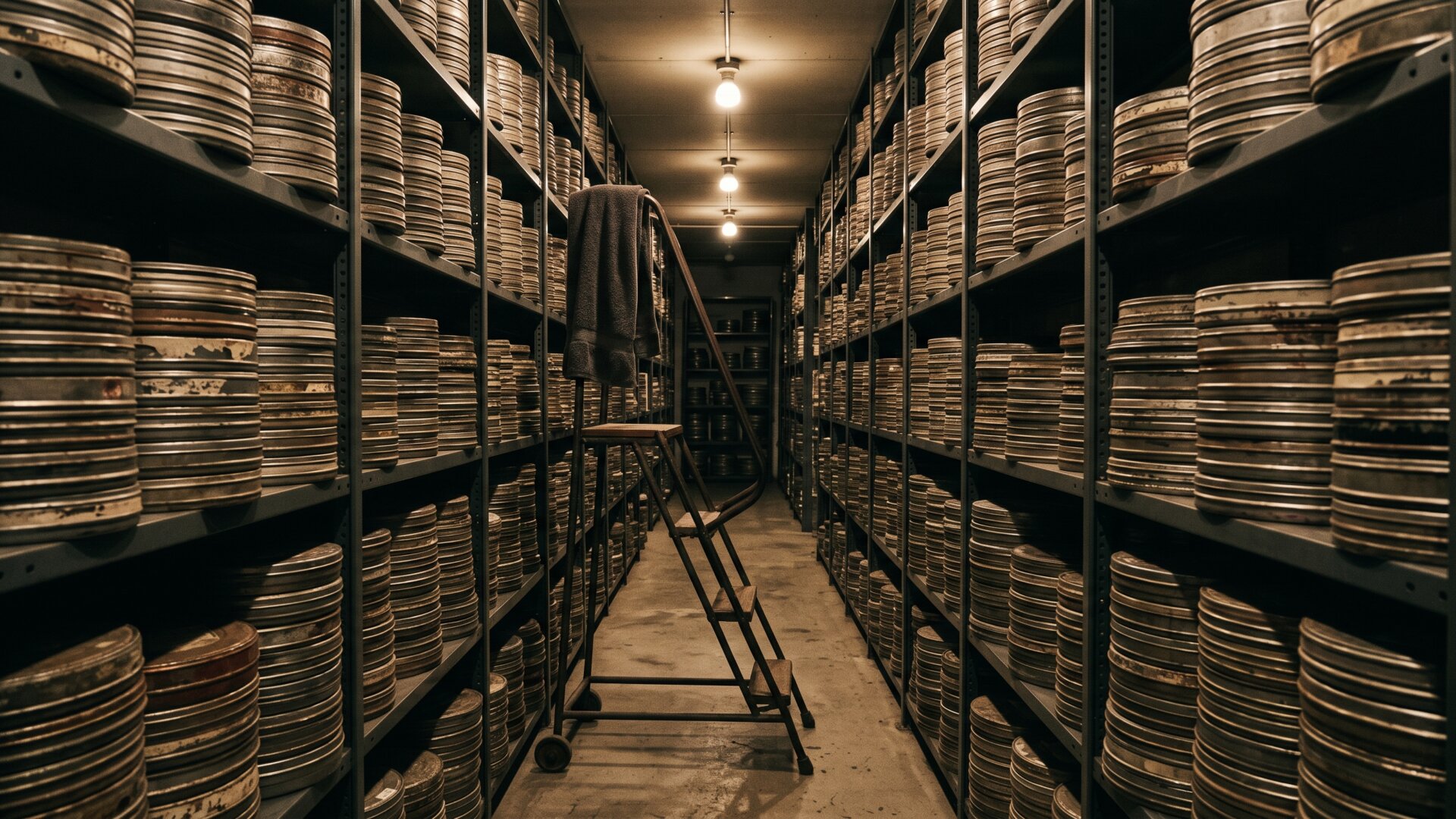 Shelved film archive canisters viewed down a storage aisle, standing for the two catalogues the slide identifies as the real asset in the deal.