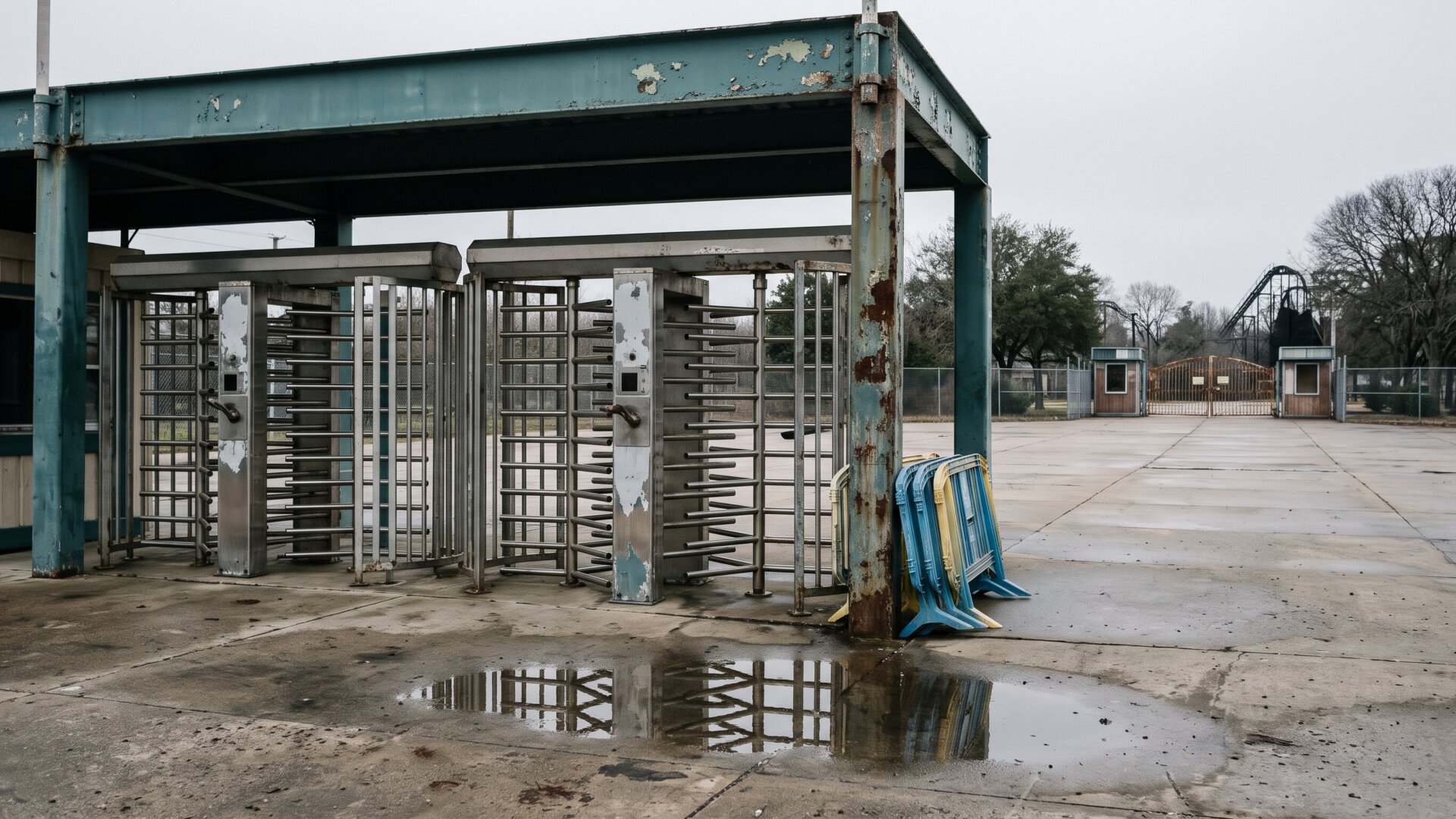 Two regional park entry gate structures merged into one view, standing in for the slide 3 subject of two operators combined into a single company that has not turned a profit since.