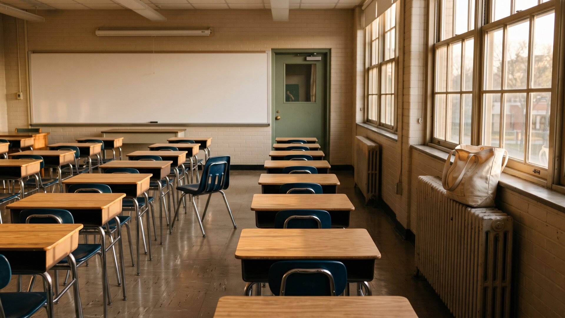 A high school classroom at the end of the day, a restrained reference to slide 5's subject working as an Atlanta educator, without depicting him or the accident.