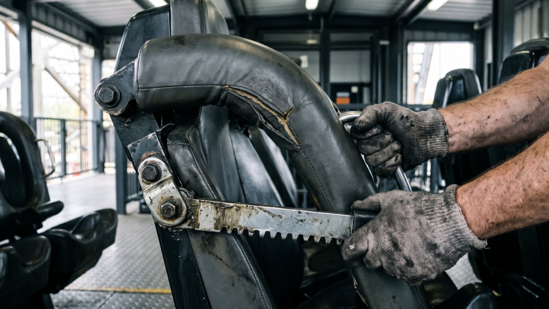 Hands checking a coaster restraint mechanism at a station, illustrating slide 6's explanation of why rides sharing a restraint design get closed together.