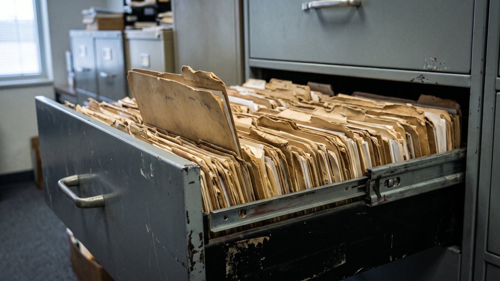 An open filing drawer of dense policy paperwork, standing in for slide 8's insurance coverage warnings without rendering any readable document.