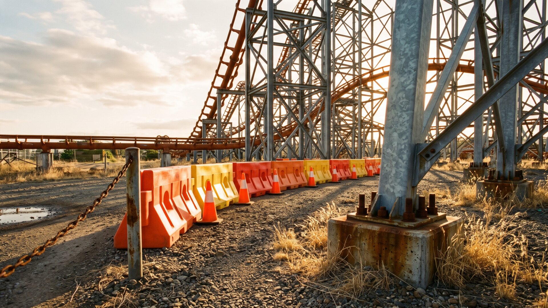 A coaster track section fenced off behind barriers during a shutdown, which carries slide 9's subject of a ride taken out of service pending retirement.