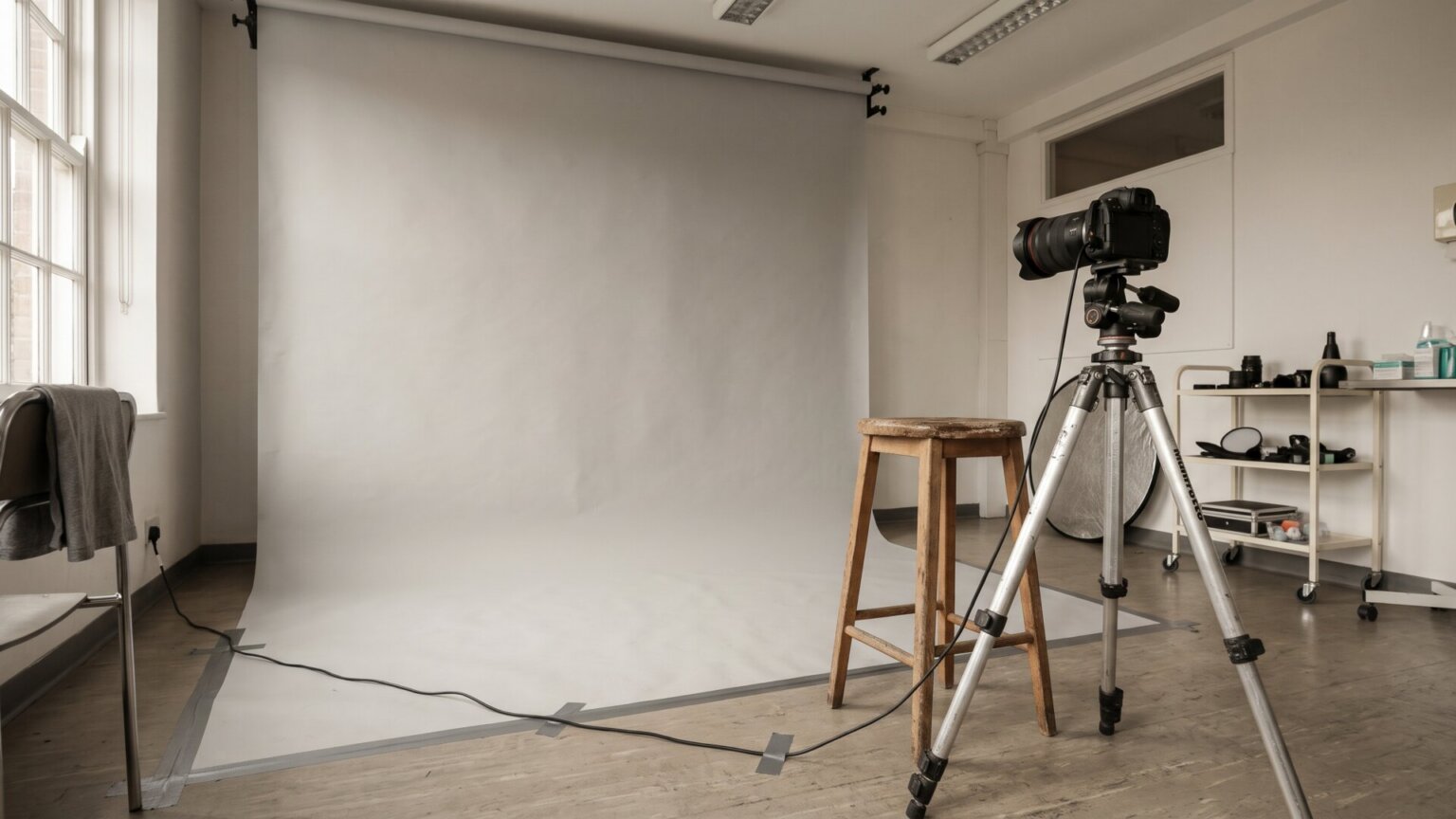 A plain daylight portrait setup with an empty stool and a camera on a tripod, standing in for the single photograph at the center of the study without depicting any patient.
