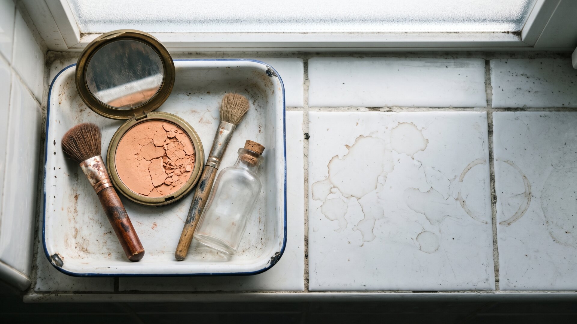 A cosmetics tray and compact mirror on a bathroom shelf, matching slide 2's point that makeup and cosmetic work did not change the models' output.