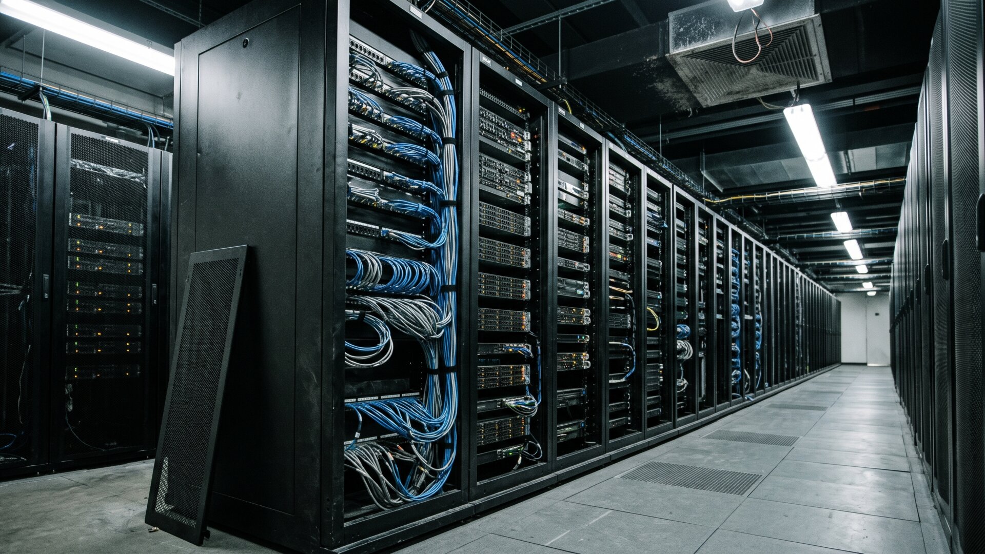 A server room aisle standing for the 40 million training images and the compute behind FAHR-Face, without rendering any screen content.