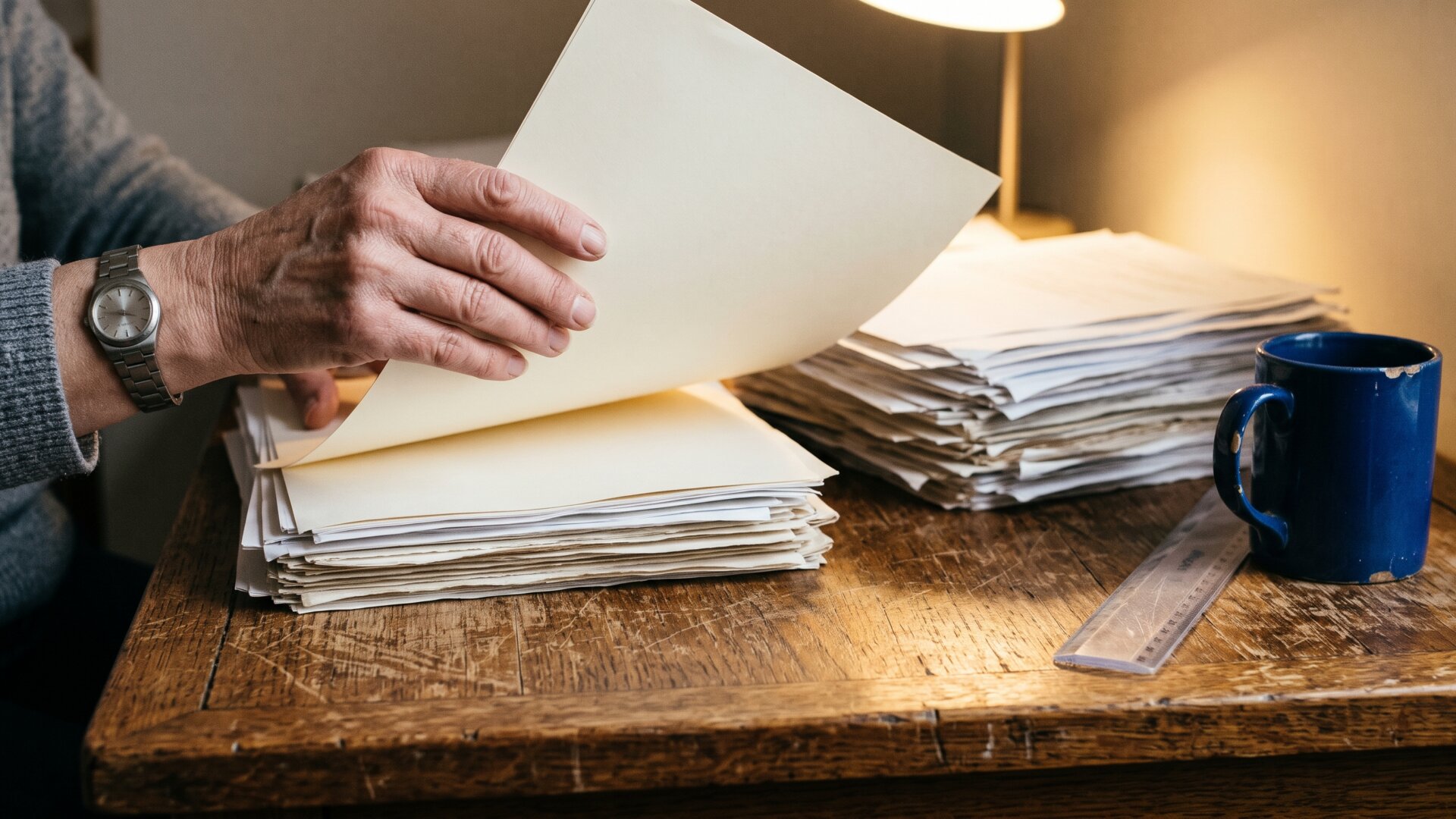 Hands sorting printed patient record sheets into two stacks, illustrating slide 4's division of thousands of patients into older-than and younger-than groups.