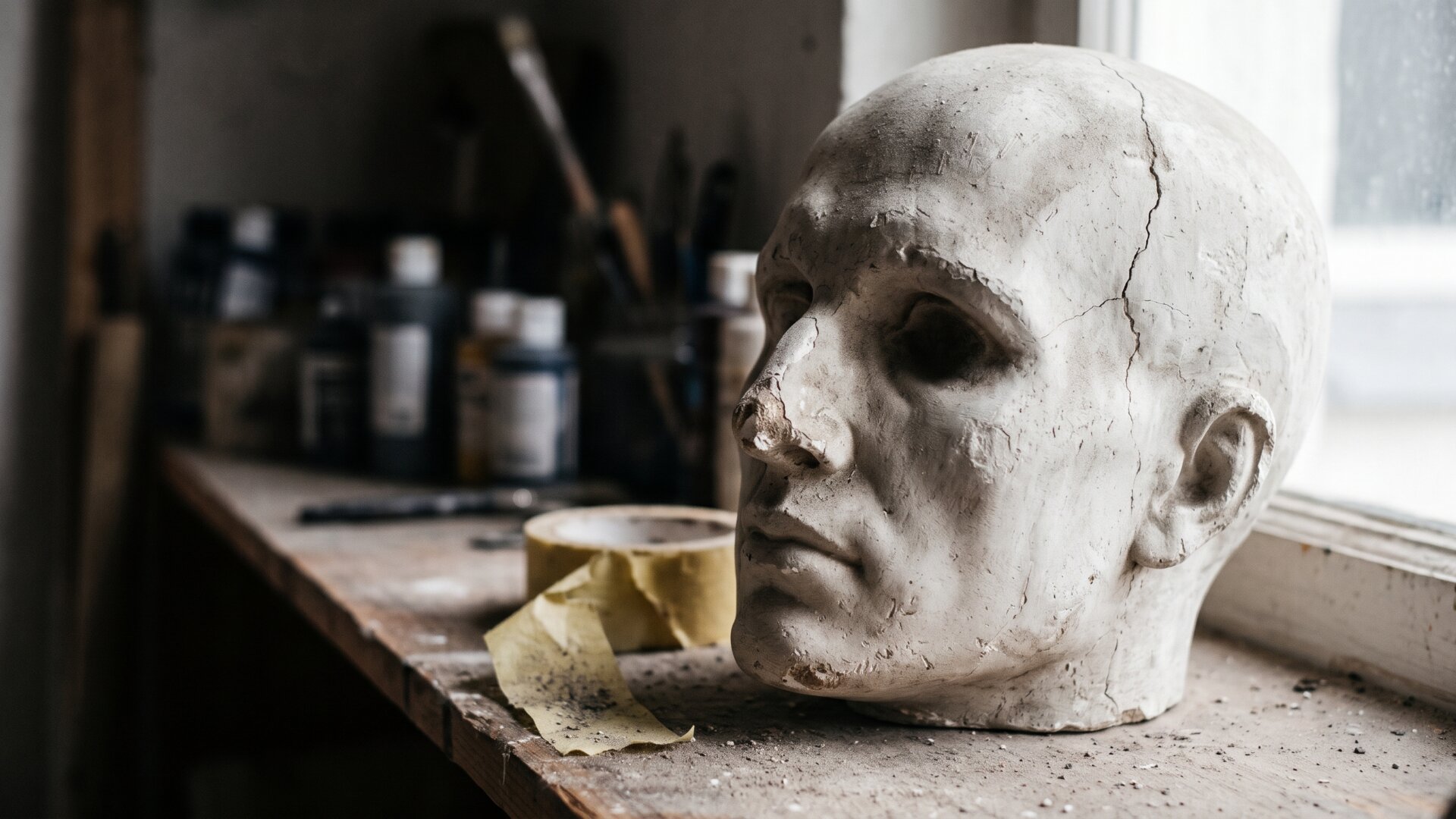 A plaster anatomical head on a studio shelf, standing for the distinct facial regions the two models weight, without depicting a living patient.