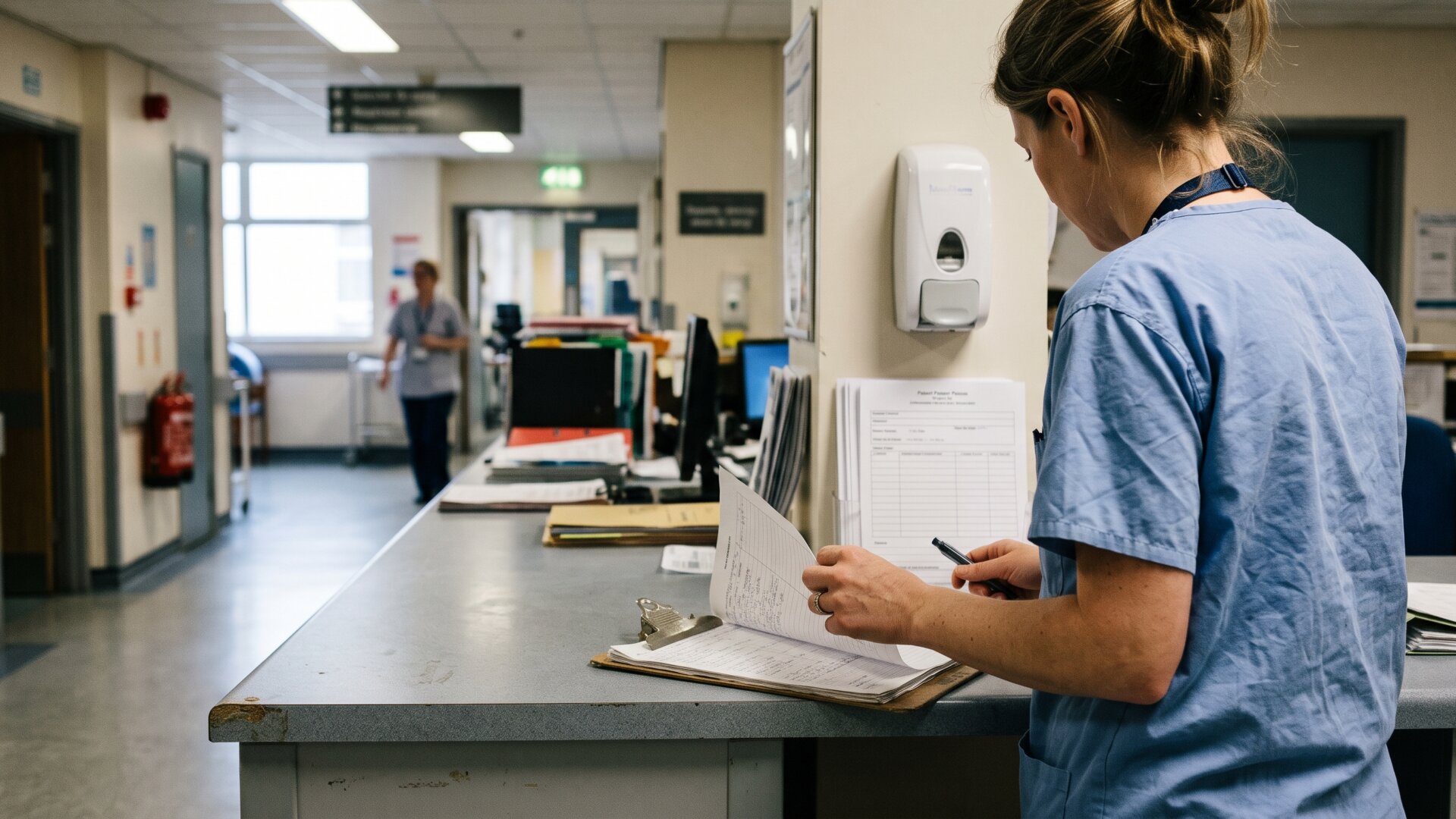 A clinician's hands reviewing a paper chart on a ward counter, representing the physician assessment the study did not measure against.