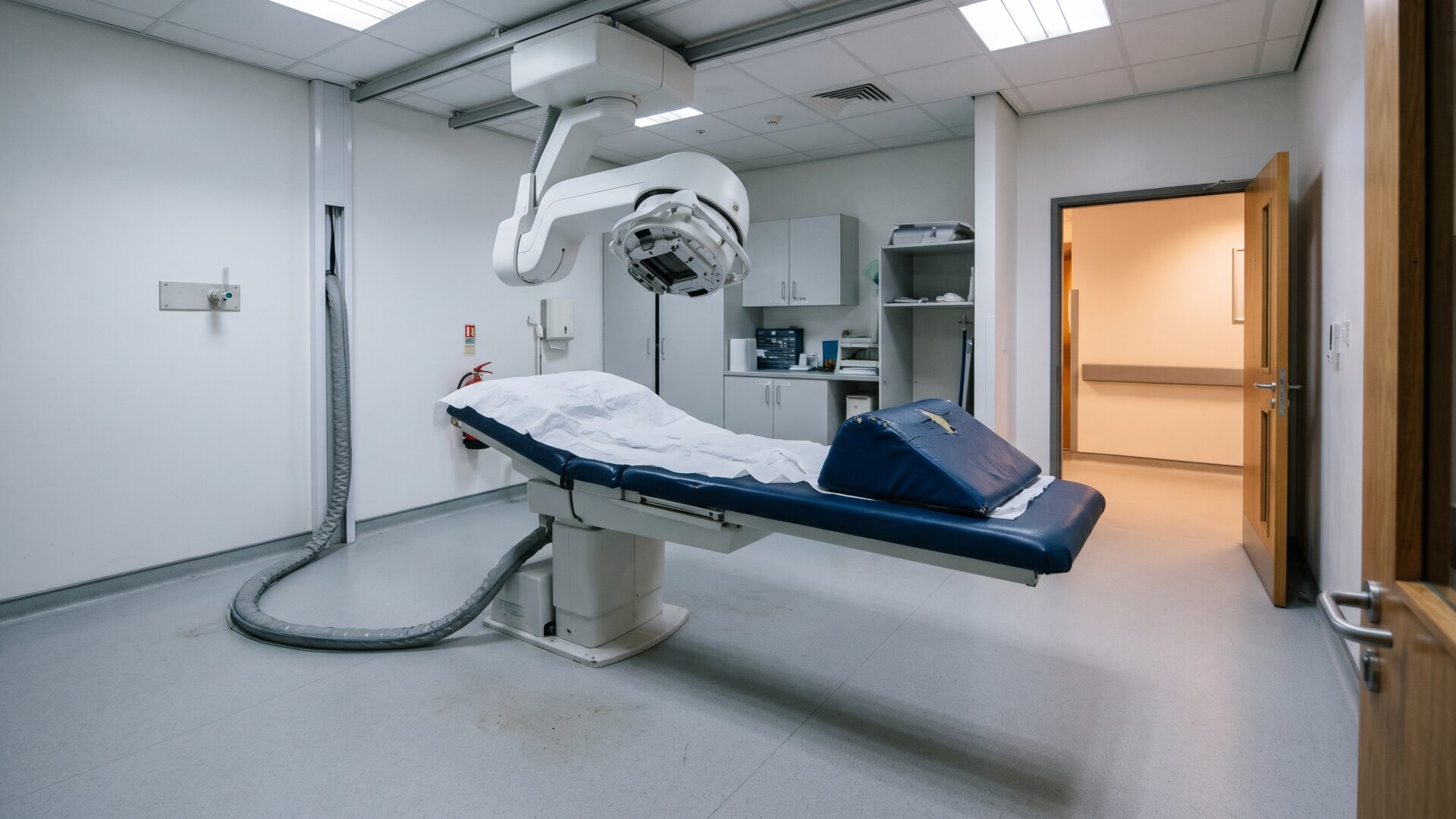 A radiotherapy-style treatment room left empty, marking slide 10's point that every patient studied was already in cancer care.