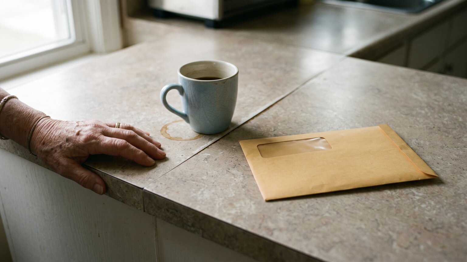 A government benefit statement envelope on a kitchen counter, standing in for the household end of a policy argument about who absorbs a cut.