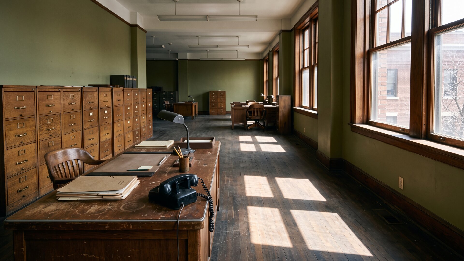 Mid-century federal office interior with period filing hardware, matching the 1930s and 1941 design decisions described in the slide.