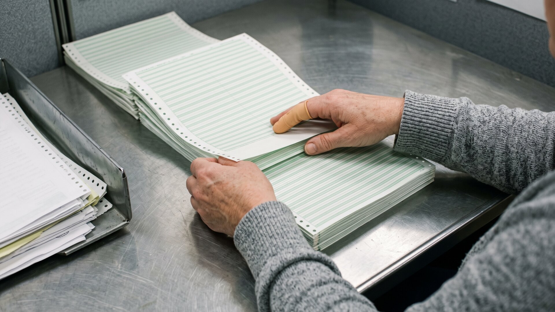 Hands working through paper payroll records, showing the contribution-tracking mechanism that defines earned benefits.