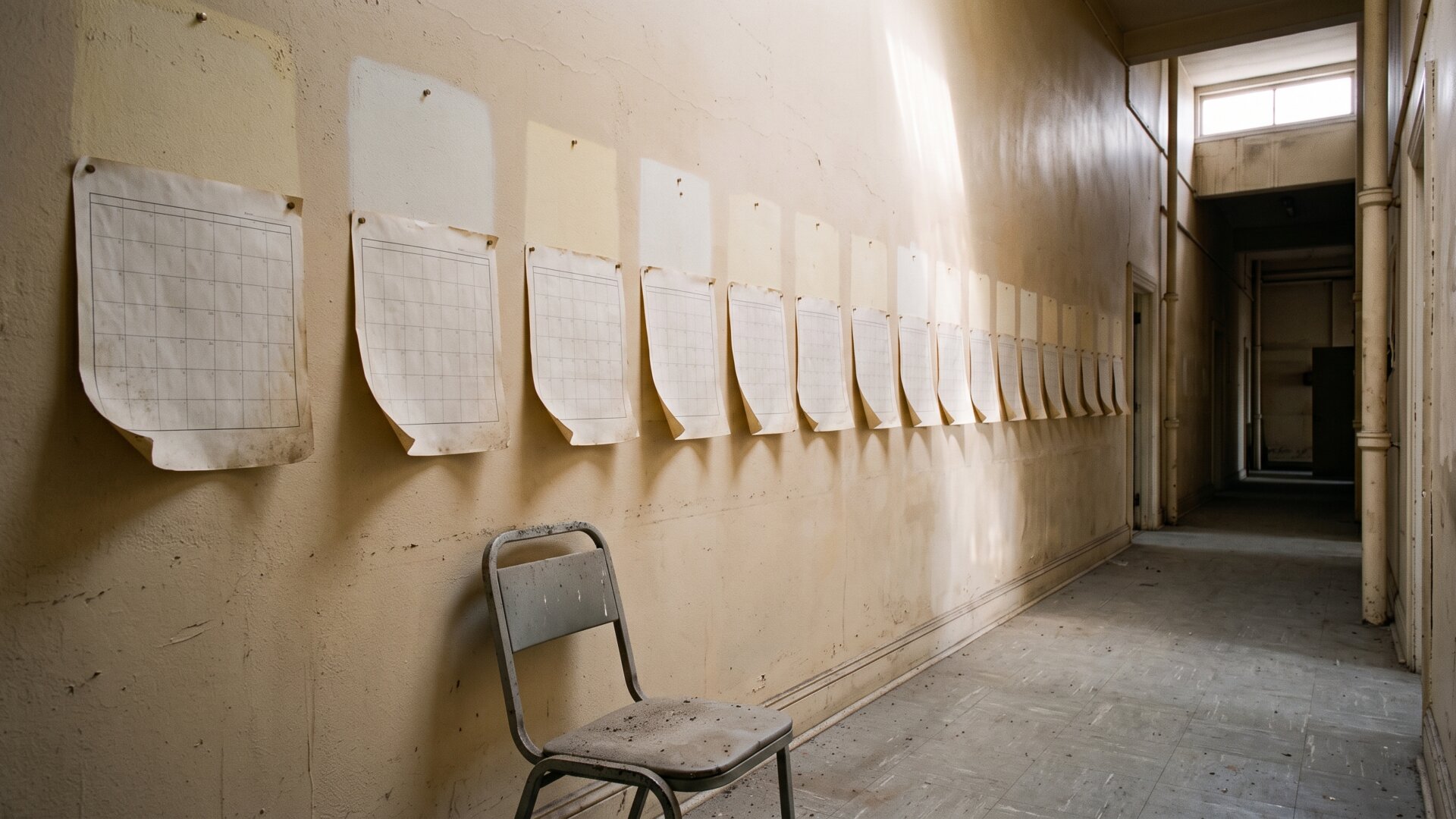 A long calendar wall and dust-settled surfaces, standing in for a dollar figure frozen across thirty years.