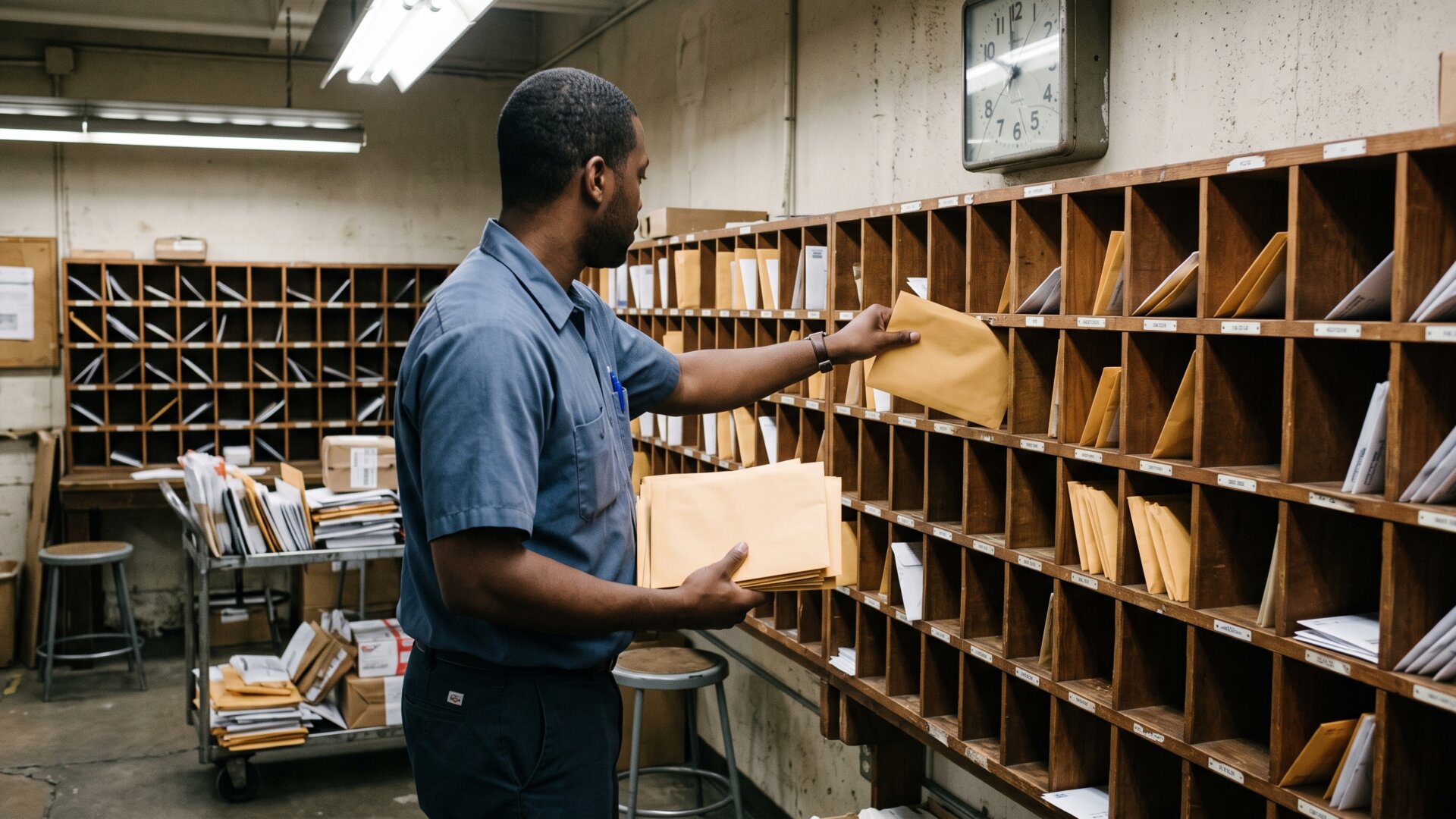 An employer benefits mailroom scene, representing the compensation and healthcare perks the proposed tax would reach.