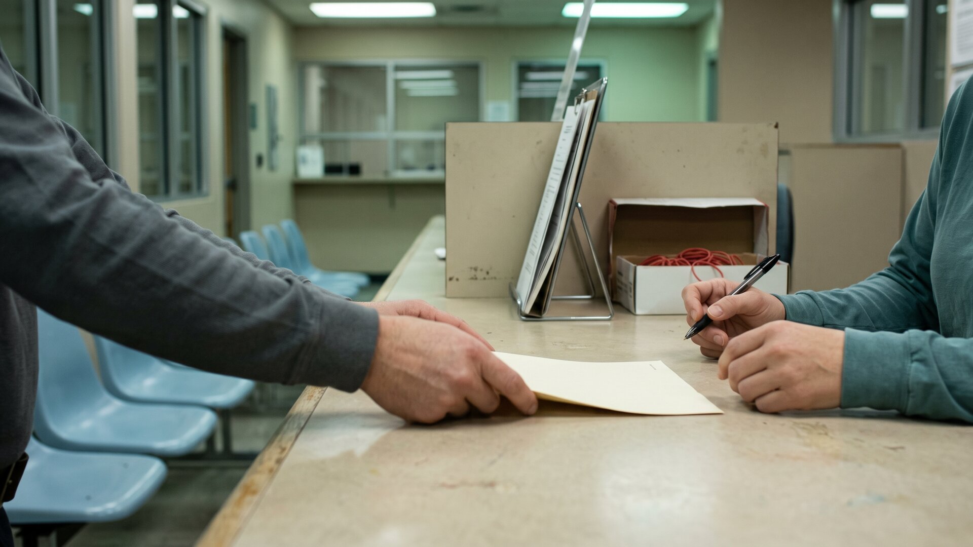 A benefits office intake counter with paperwork in progress, matching SSI's income and asset verification requirement.