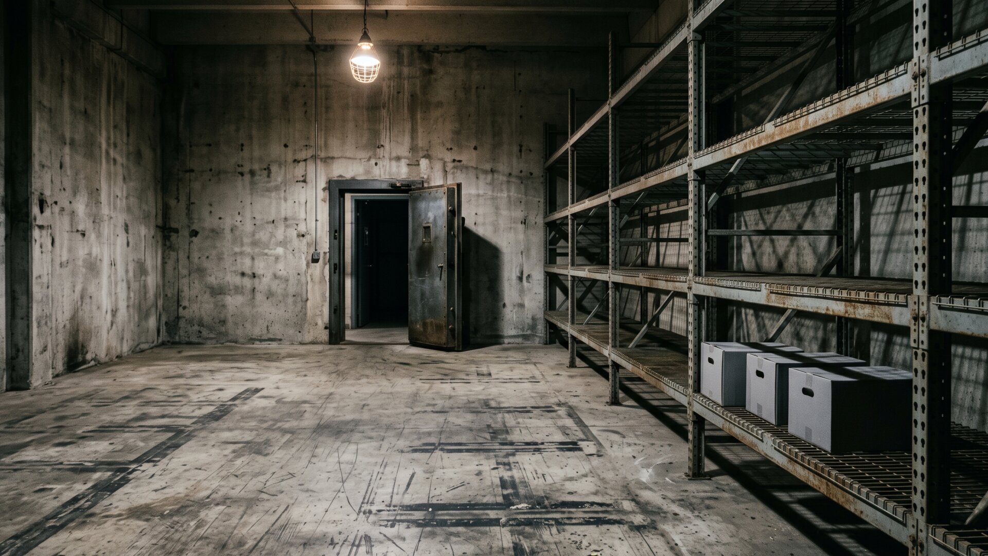 An empty vault storeroom with cleared shelving, standing in for reserves drawn down and spent.