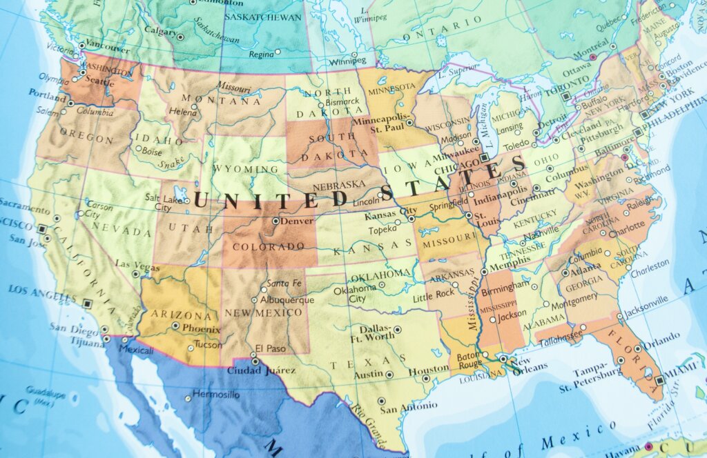 Colorful map of the United States showing states and major cities across the country.