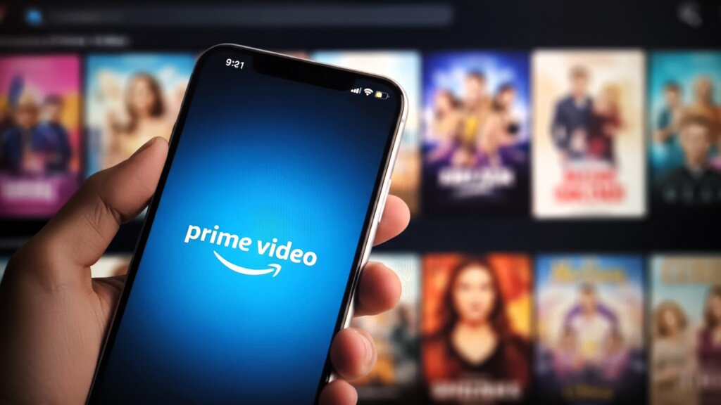 A person holding a smartphone displaying the Amazon Prime Video logo, with streaming titles blurred in the background.